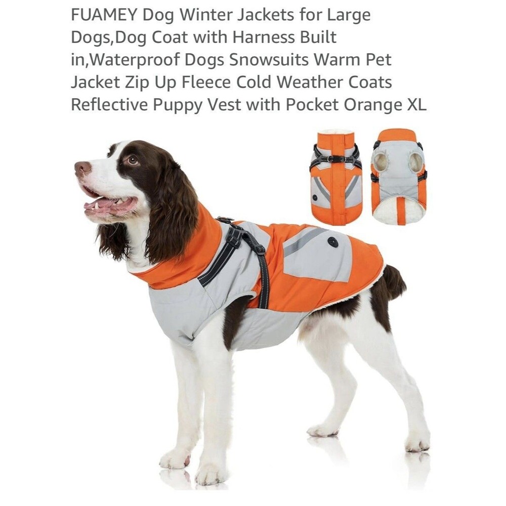 Fuamey Dog Coat Size XL-Orange/Gray Reflective Waterproof Jacket (MSRP $44.99)
